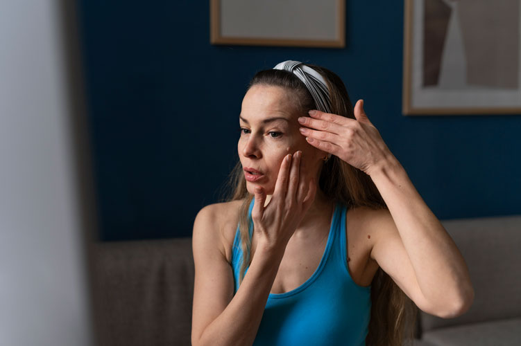 woman doing facial yoga