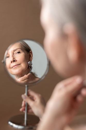 an elderly woman looking into a mirror